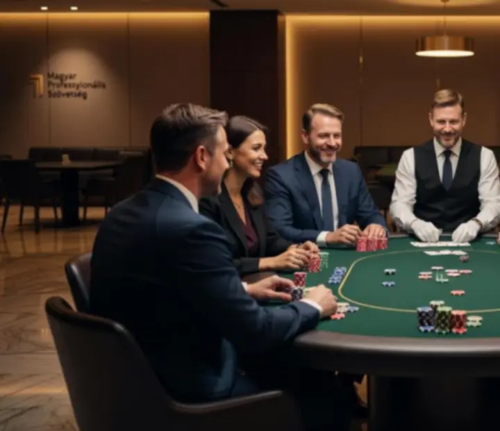 Pókerasztal köré gyűlt vállalati csapat professzionális osztóval egy elegáns teambuilding rendezvényen.